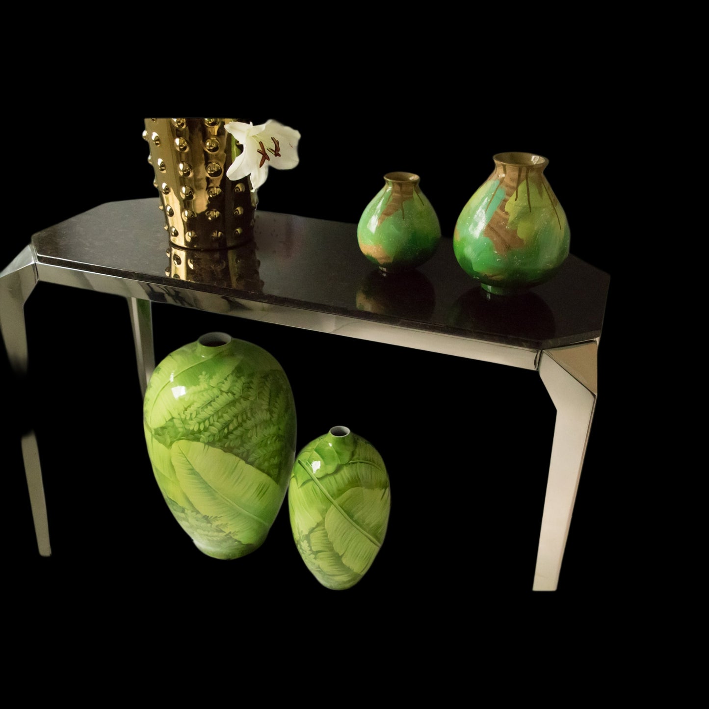 Small Hand painted, Handmade Wooden Vase: Gold & Green