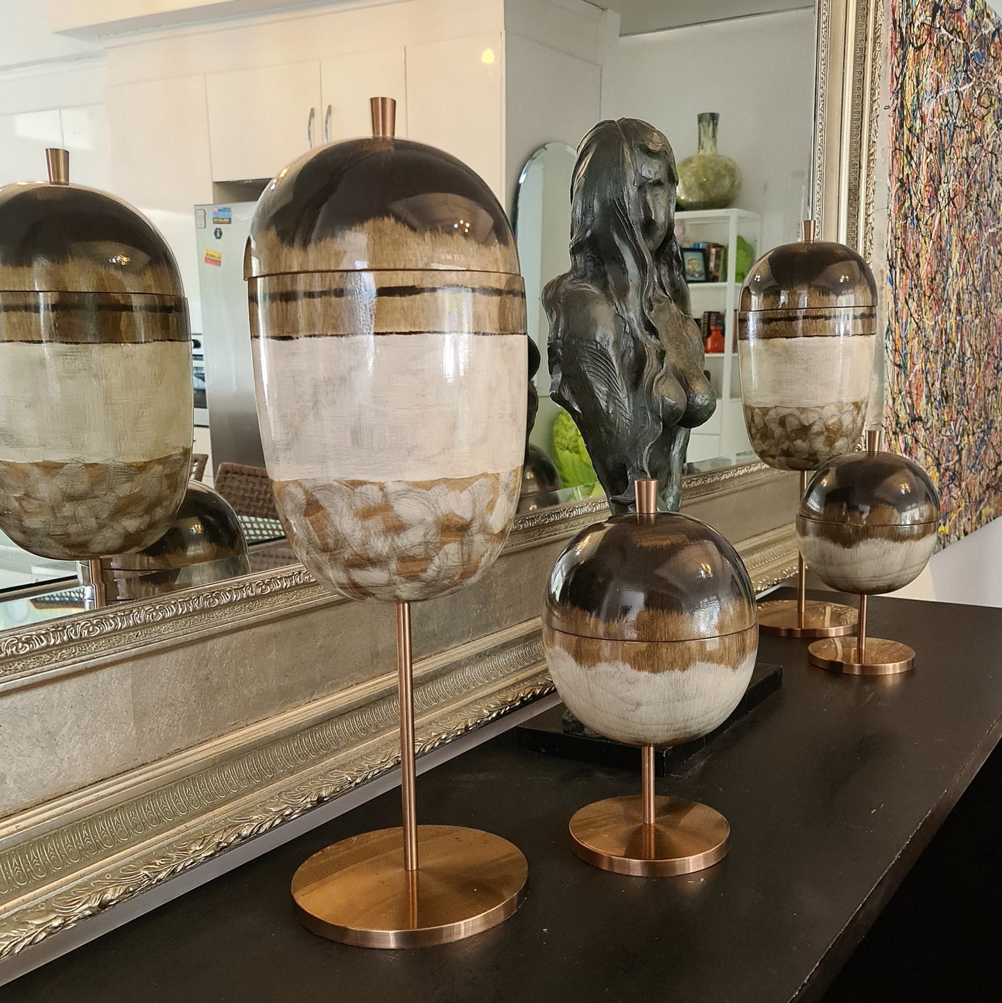 Large Hand painted/Handmade Earthen Strata Wooden Capped Jar on Copper Footing