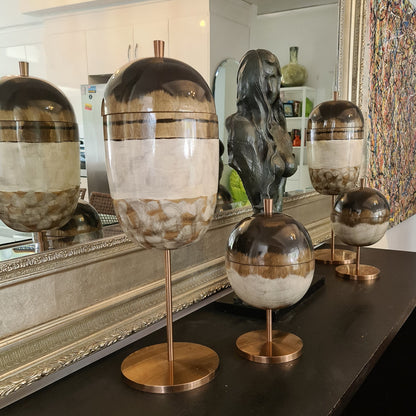 Large Hand painted/Handmade Earthen Strata Wooden Capped Jar on Copper Footing