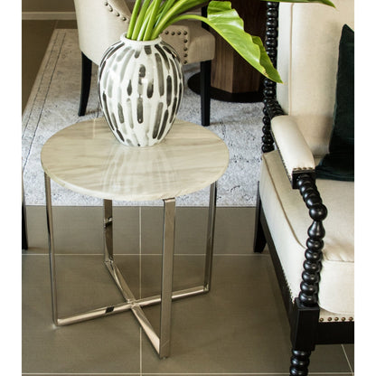 Sarya Mirror Polished Stainless Steel Side Table with White Marble Top