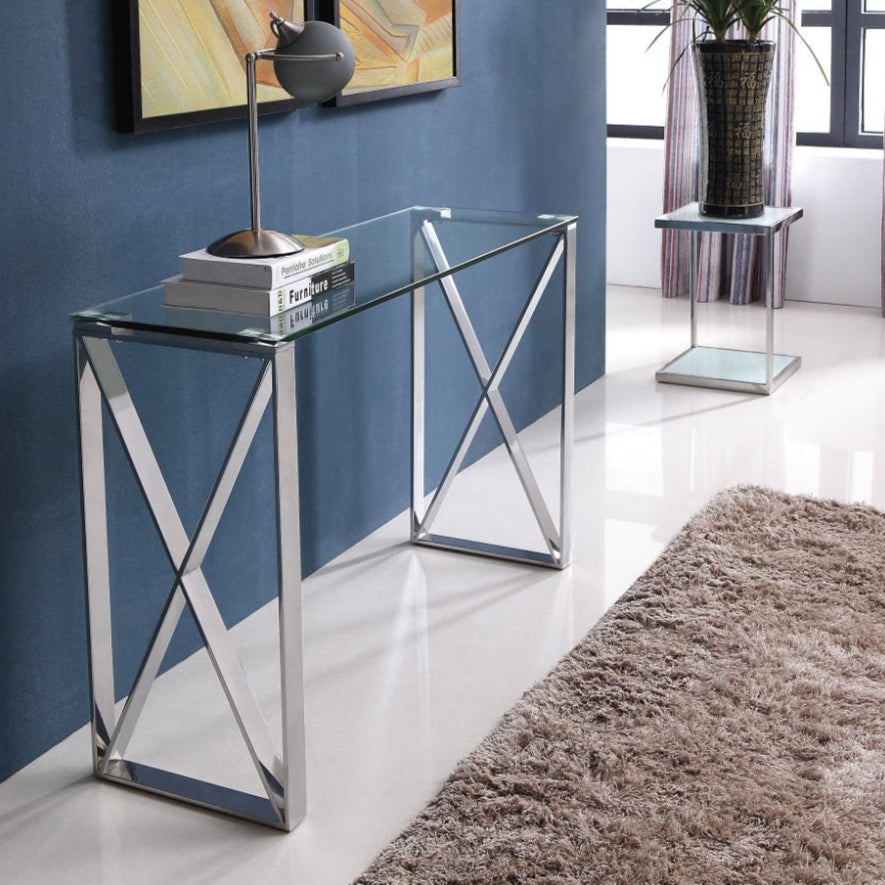 Tara Polished Stainless Steel Console with Clear Glass Top