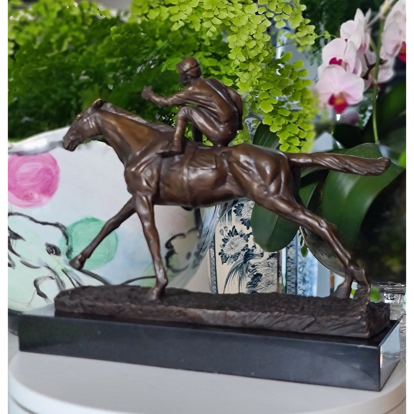 Horse & Jockey Bronze Statue on Marble Base