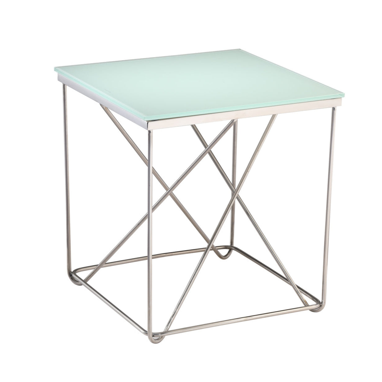Avesta Mirror Polished Stainless Steel Side Table with White Glass Top