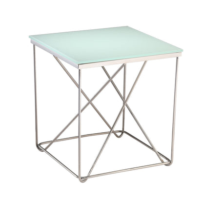 Avesta Mirror Polished Stainless Steel Side Table with White Glass Top