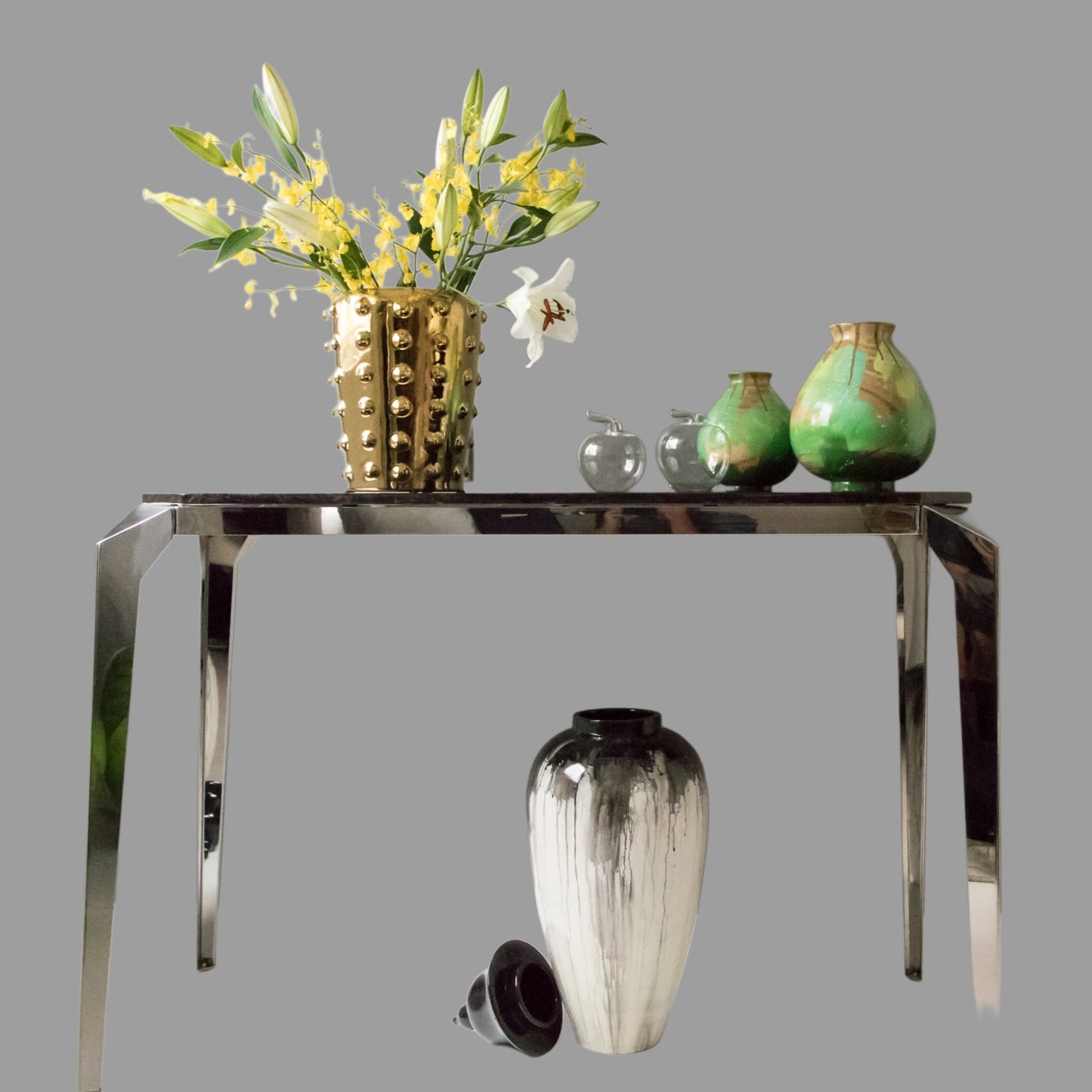 Small Hand painted, Handmade Wooden Vase: Gold & Green