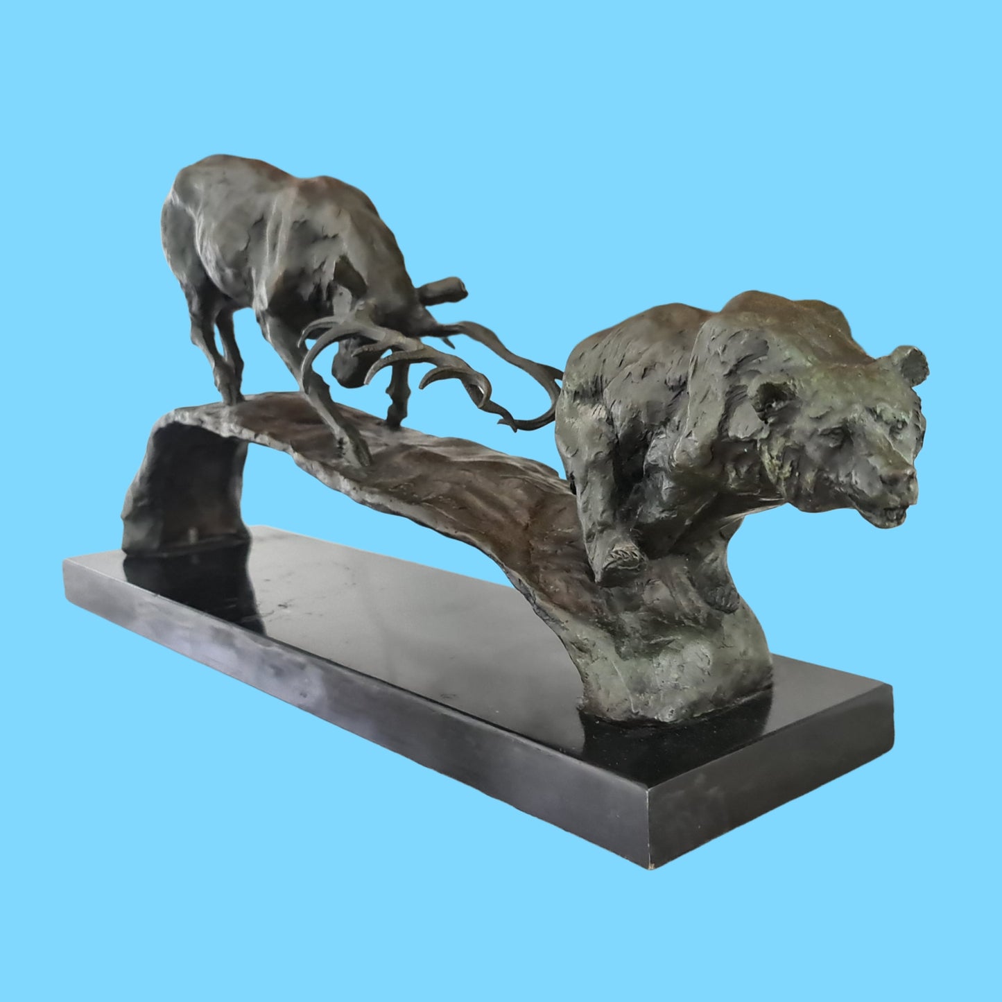 Elk vs Bear Bronze and Marble Sculpture