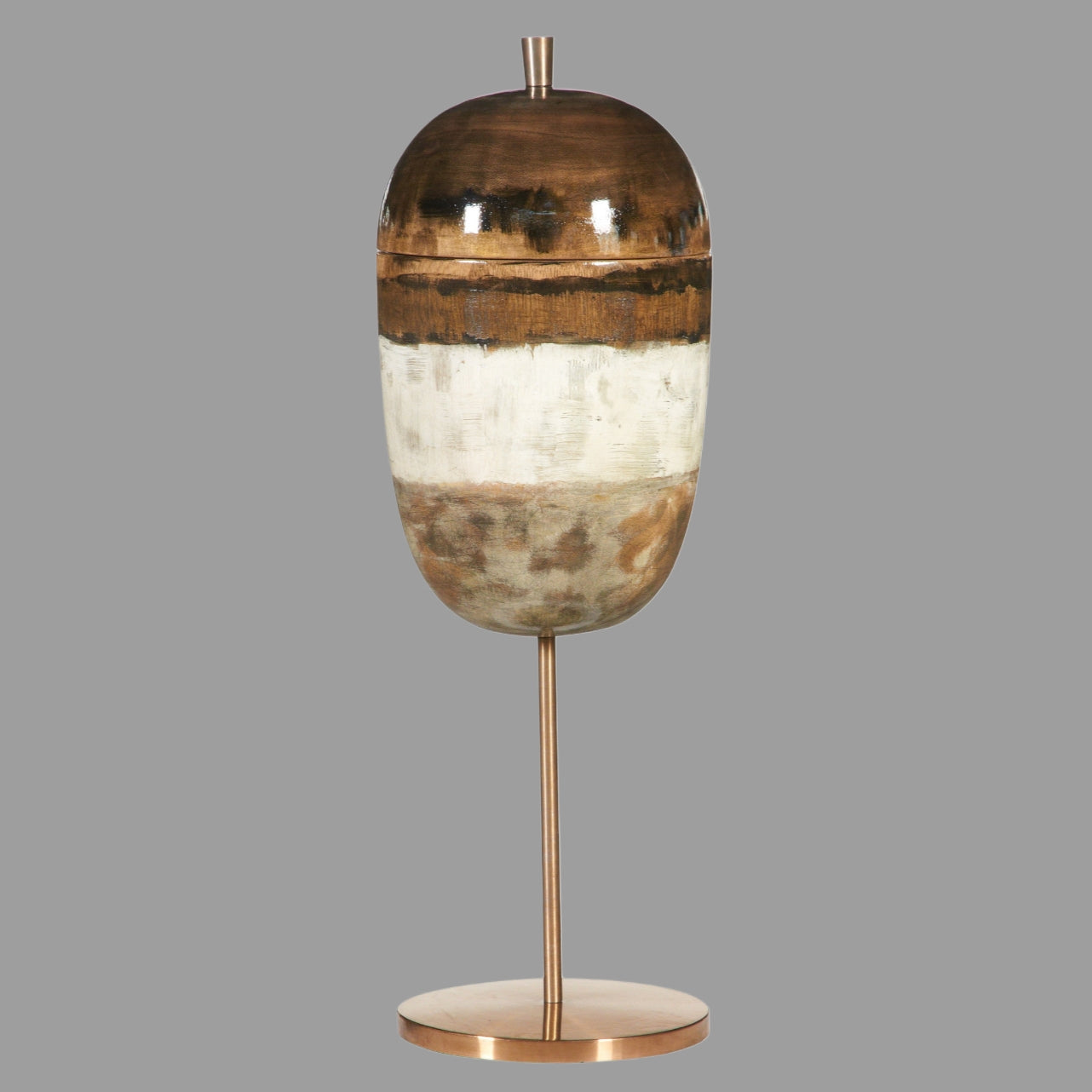 Large Hand painted/Handmade Earthen Strata Wooden Capped Jar on Copper Footing