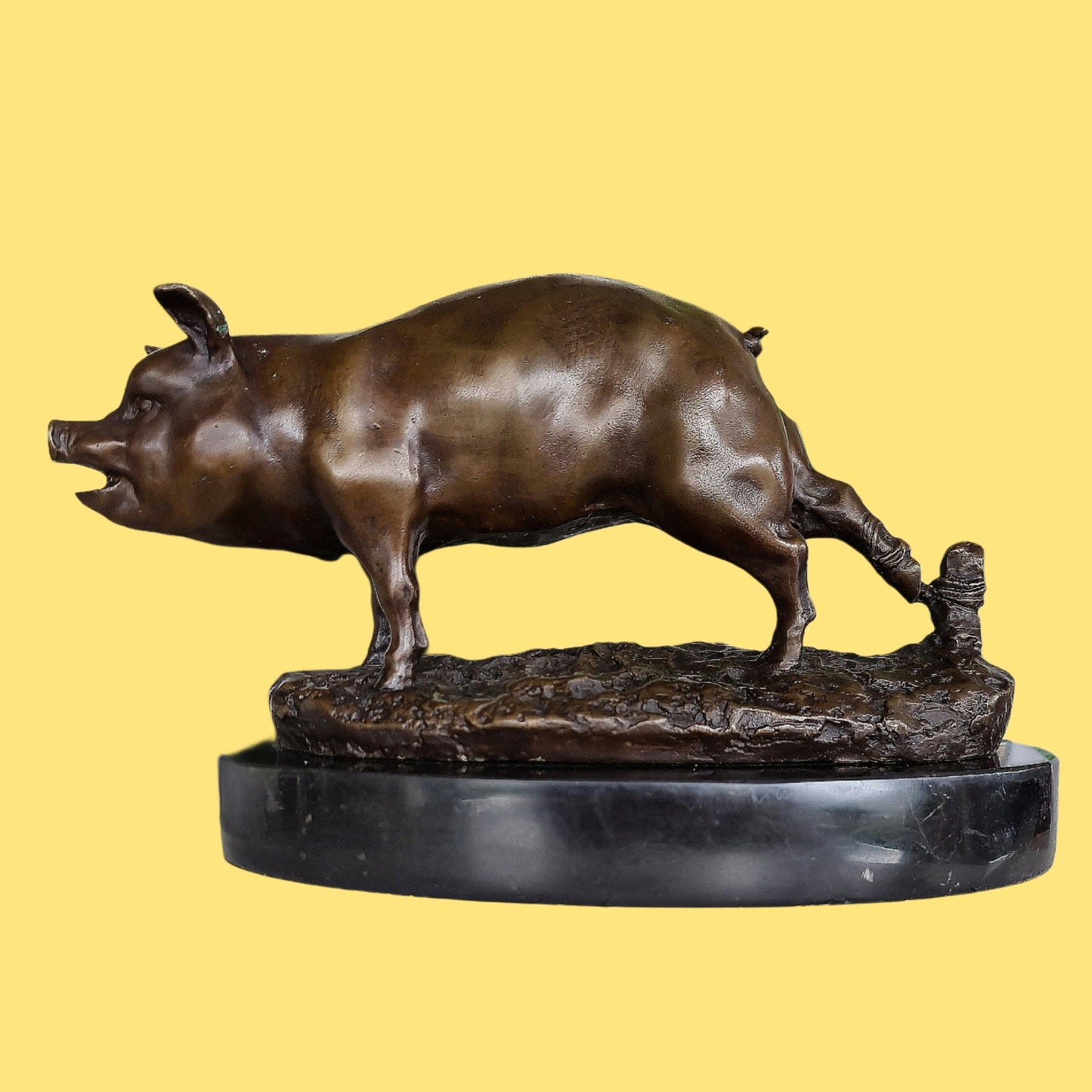 Early 20th Century French Bronze Pig Sculpture On Marble Base