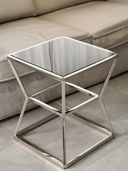 Soma Polished Stainless Steel Side Table with Black Tempered Glass