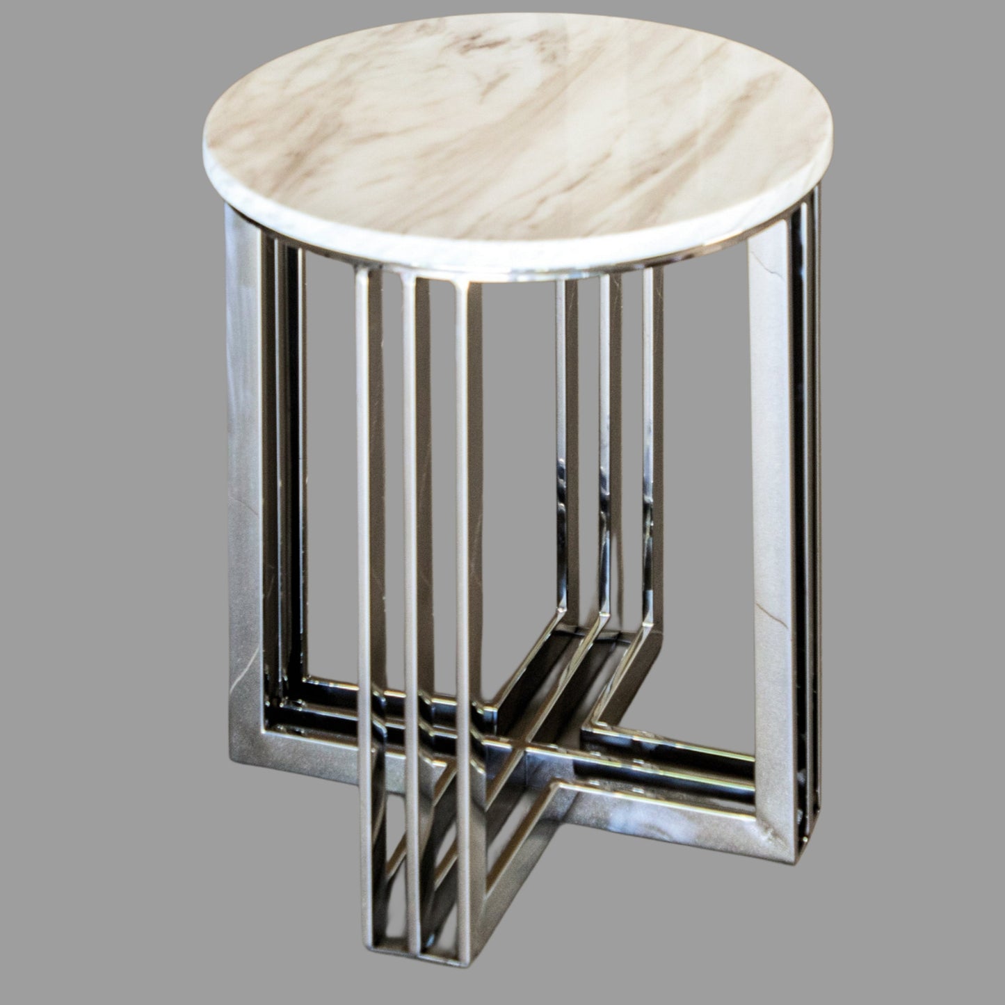 Royal Mirror Polished Stainless Steel Side Table with White Marble Top