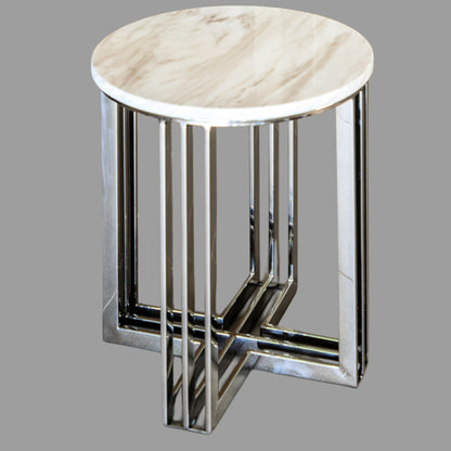 Royal Mirror Polished Stainless Steel Side Table with White Marble Top