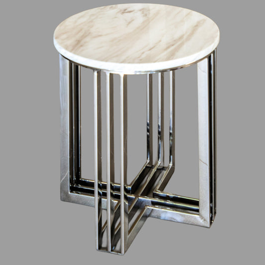 Royal Mirror Polished Stainless Steel Side Table with White Marble Top