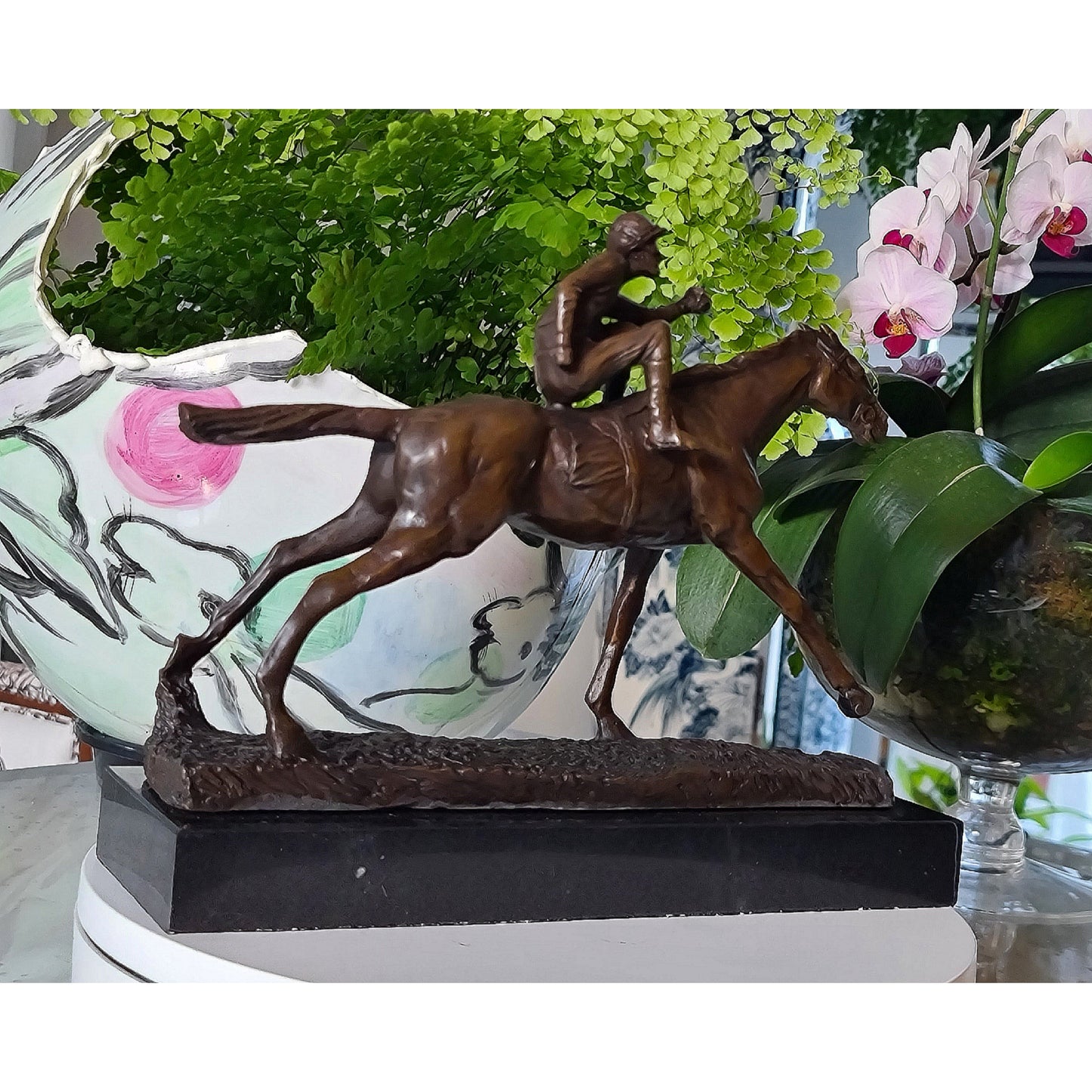 Horse & Jockey Bronze Statue on Marble Base