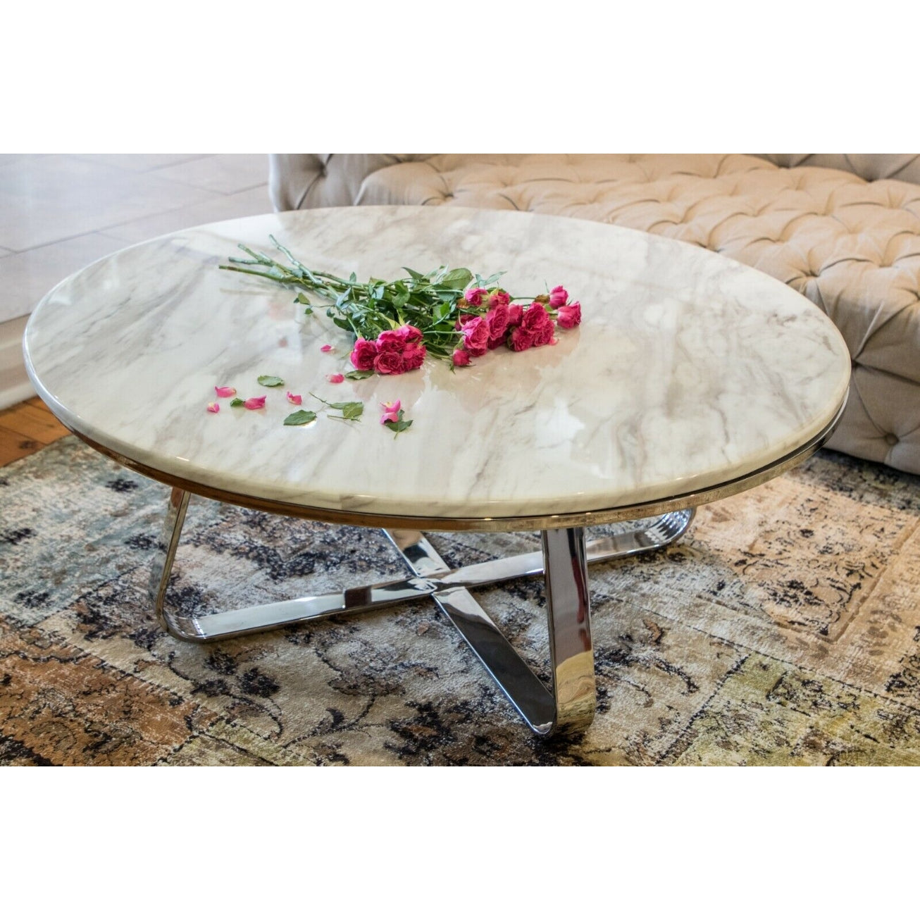 Roza Mirror Polished Stainless Steel or Gold Coffee Table with White Marble Top (Pick up only)