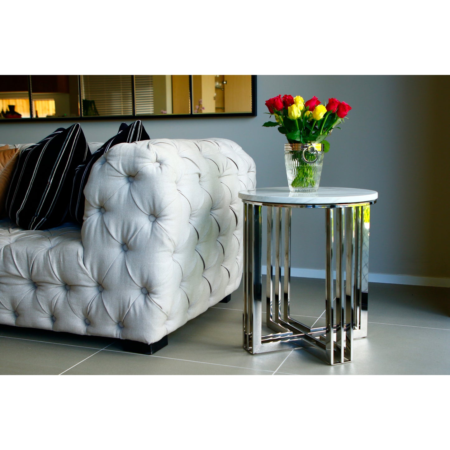 Royal Mirror Polished Stainless Steel Side Table with White Marble Top