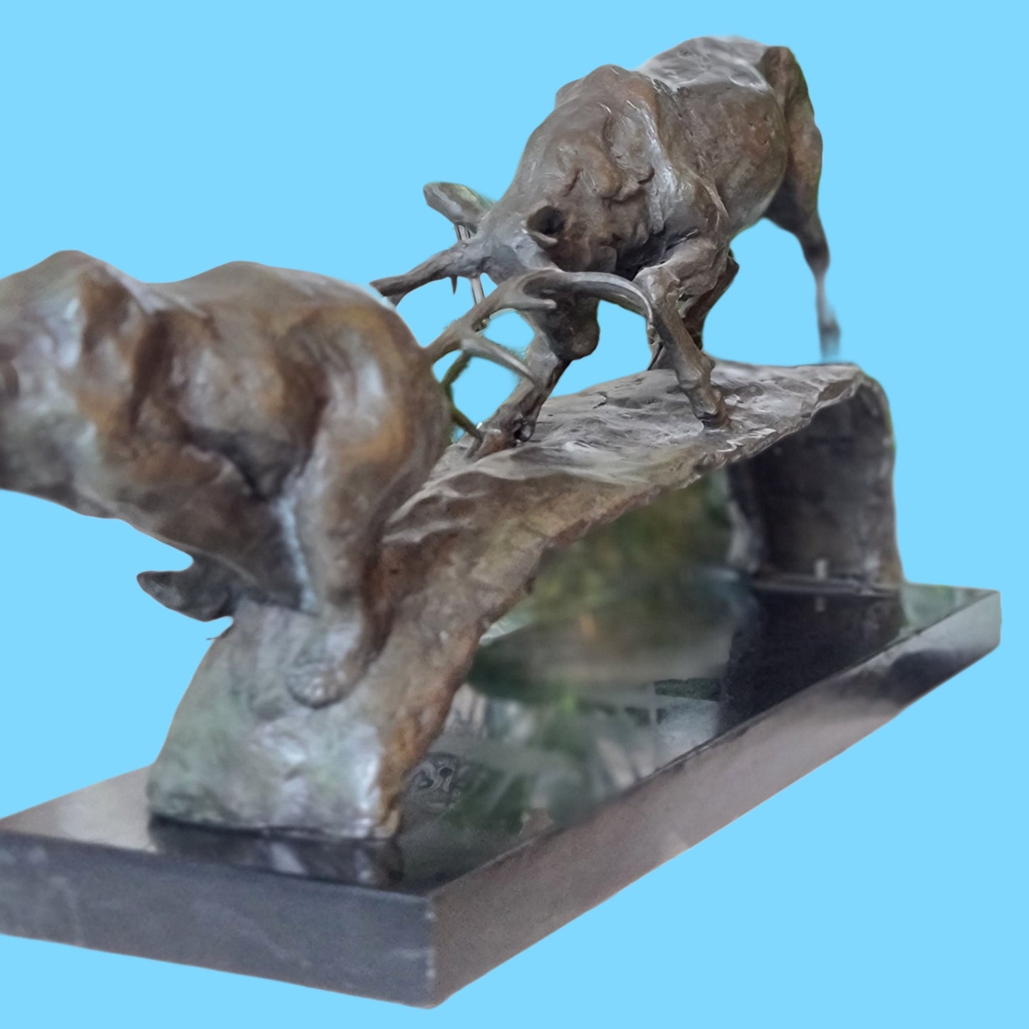 Elk vs Bear Bronze and Marble Sculpture
