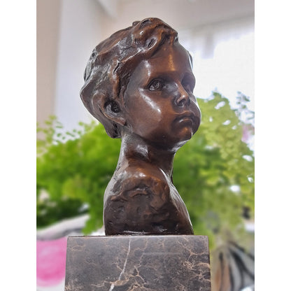 Bronze Sculpture Bust of a Boy Cherub on Marble Base