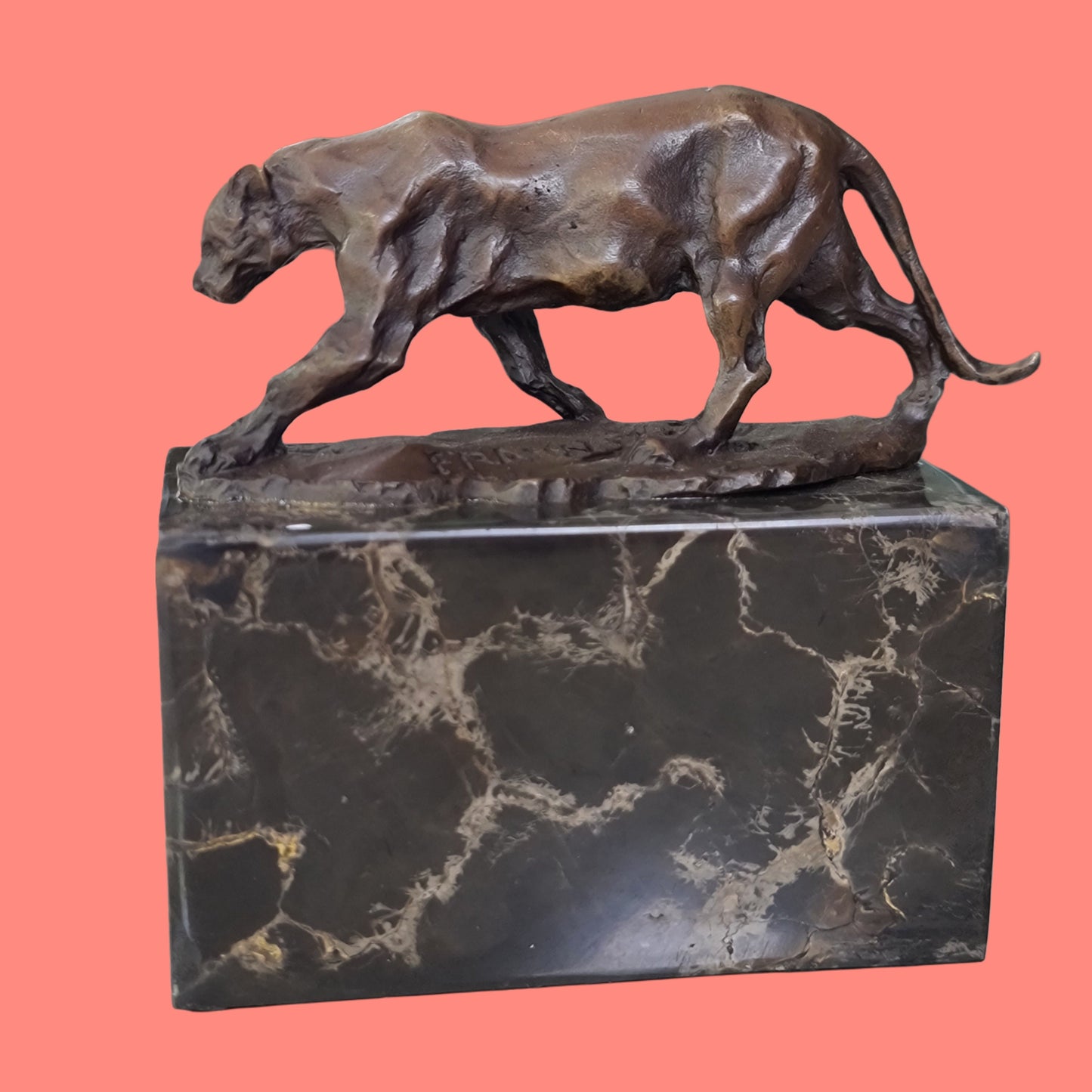 Leopard Cougar Bronze Sculpture On Marble Base