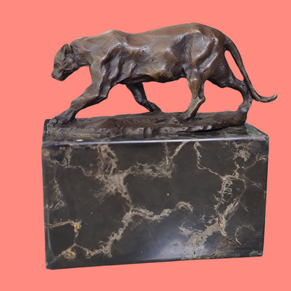 Leopard Cougar Bronze Sculpture On Marble Base