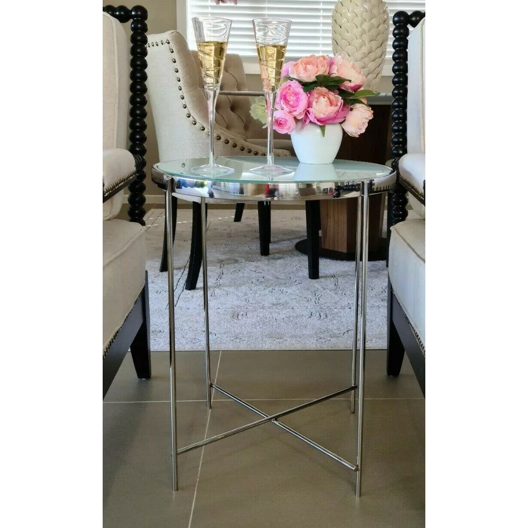 Dilva Polished Stainless Steel Side Table with White Glass Top.
