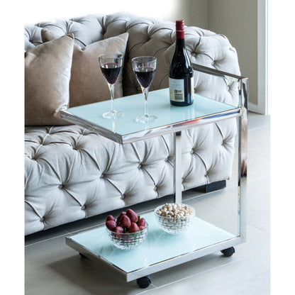 Jamie Stainless Steel Side Table/Trolley with White Tempered Glass