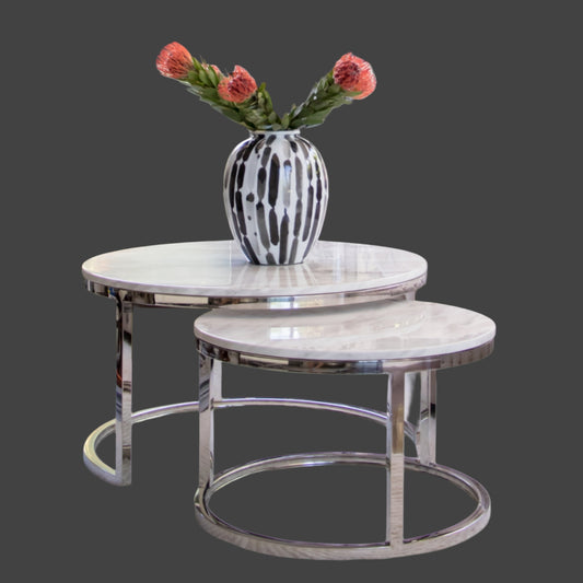 Edgar Mirror Polished Stainless Steel Table with White Marble Top