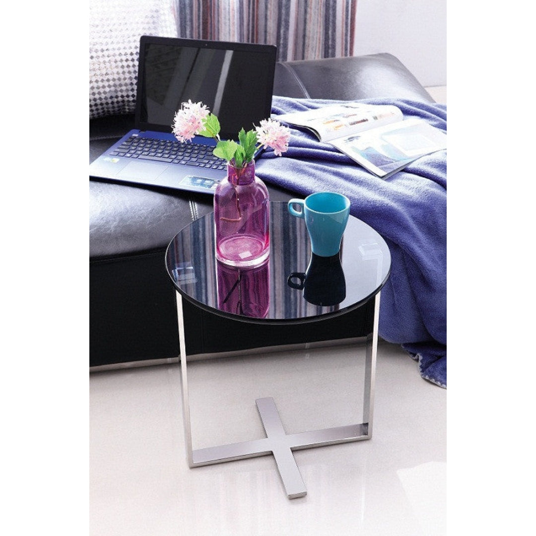 Sari Mirror Polished Stainless Steel End Table with Black tempered Glass.