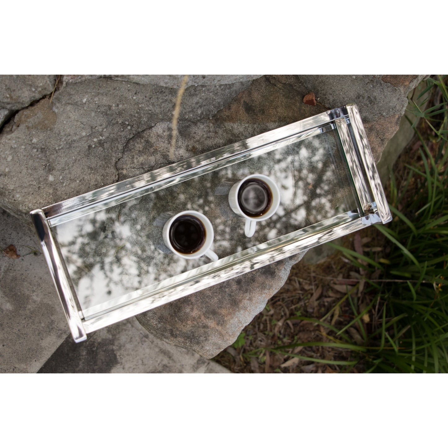 Siti Mirror Polished Stainless Steel Tray with Clear Tempered Glass