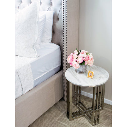 Royal Mirror Polished Stainless Steel Side Table with White Marble Top