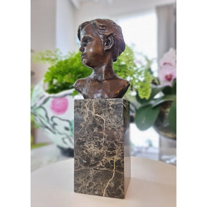 Bronze Sculpture Bust of a Boy Cherub on Marble Base