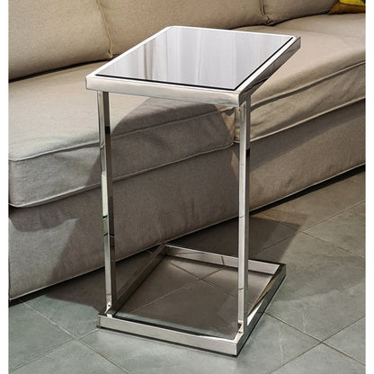 Stella Mirror Polished Stainless Steel Side Table with Black Tempered Glass