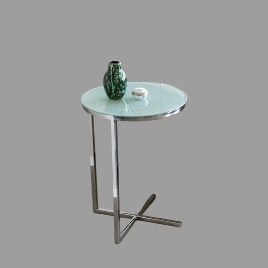Zara Mirror Polished Stainless Steel Side Table with White Tempered Glass