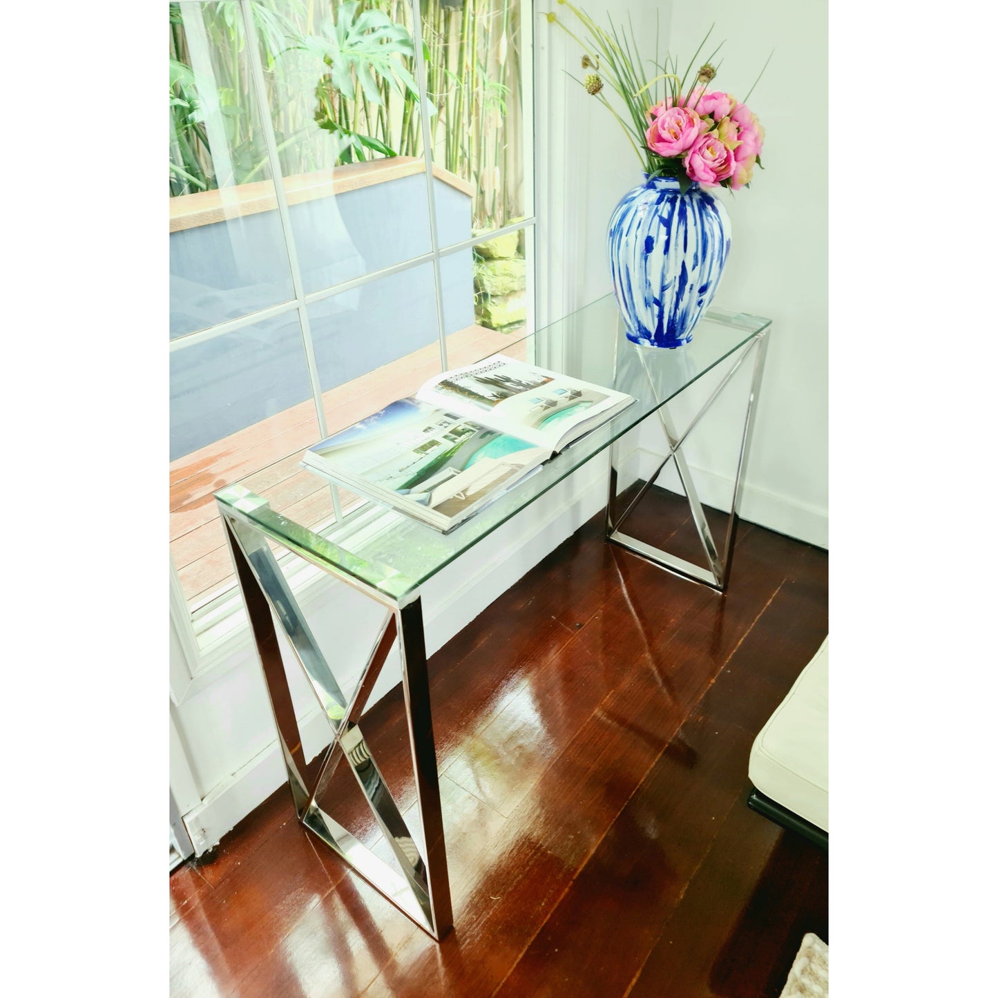 Tara Polished Stainless Steel Console with Clear Glass Top