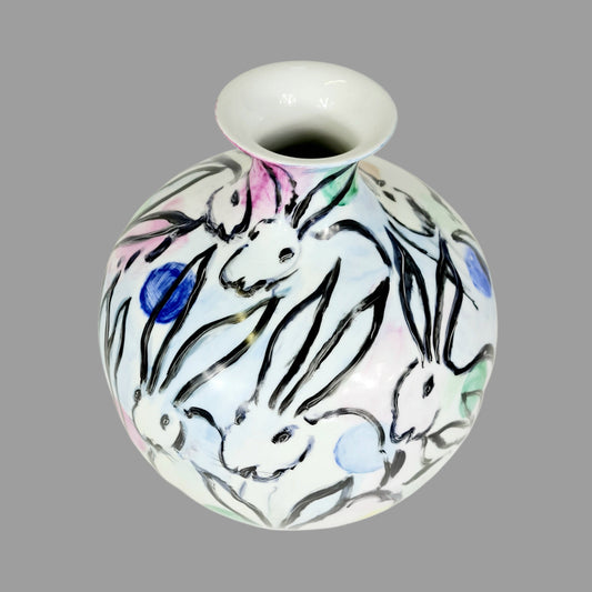 Large Hand Painted Vase Rabbits Grazing