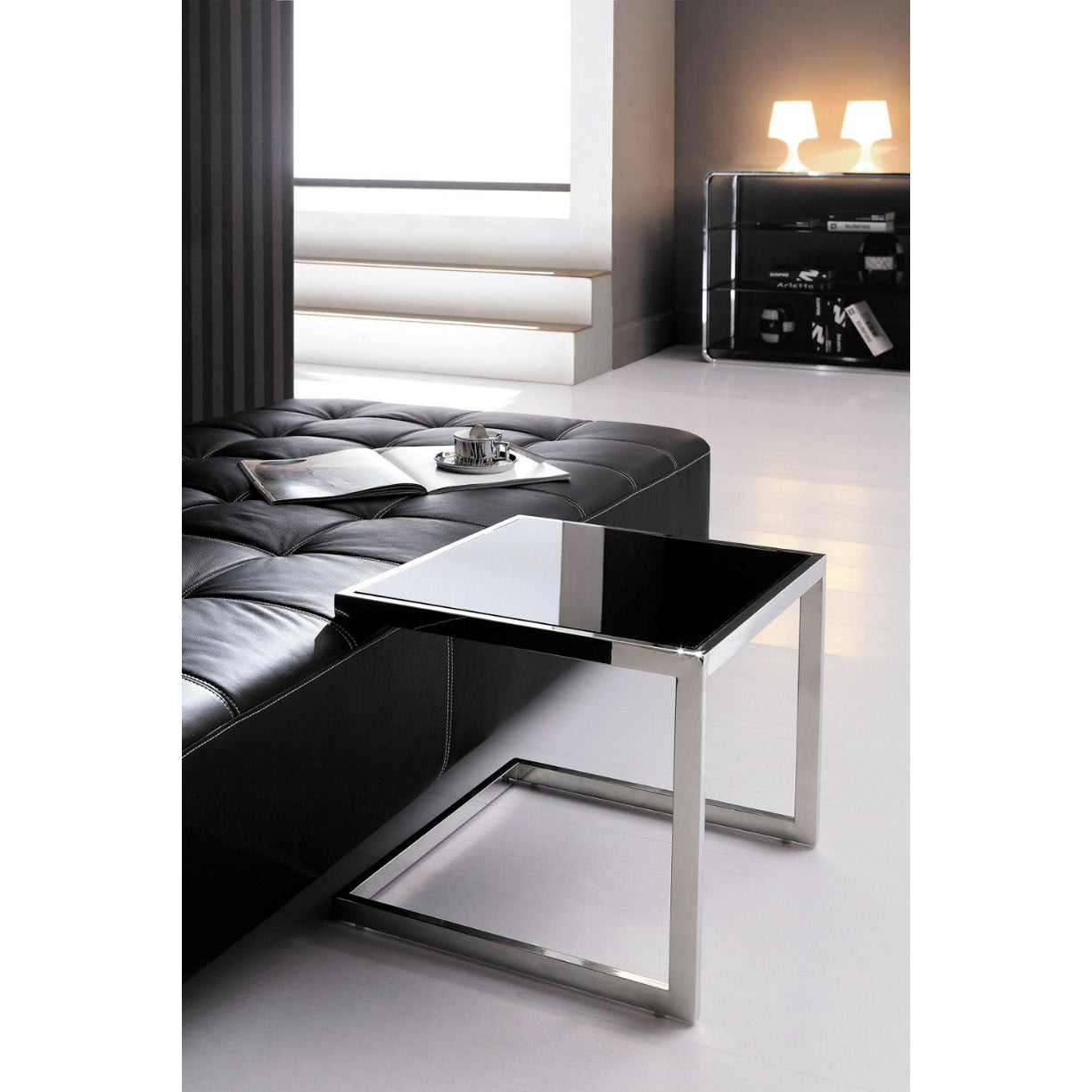 Malie Polished Stainless Steel Sid Table with Black Tempered Glass