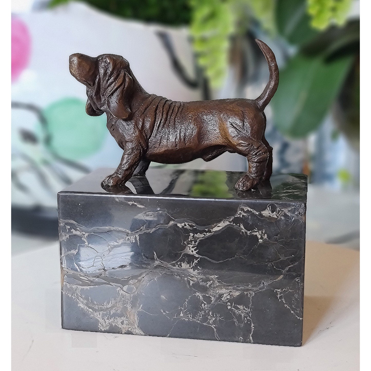 Duchshunt Dog Figurine Bronze Sculpture On Marble Base