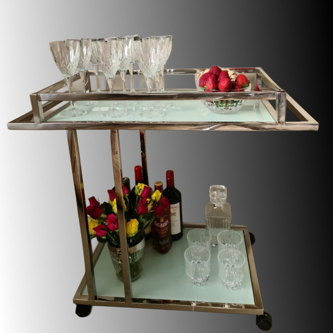 Aro Stainless Steel Drinking Trolley with White Tempered Glass (Pick up only)