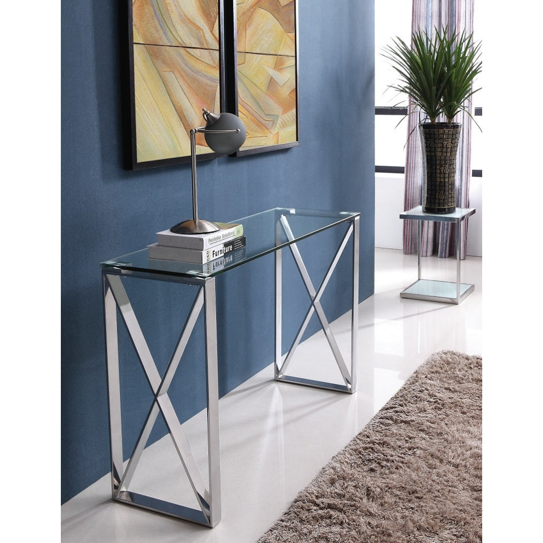 Tara Polished Stainless Steel Console with Clear Glass Top