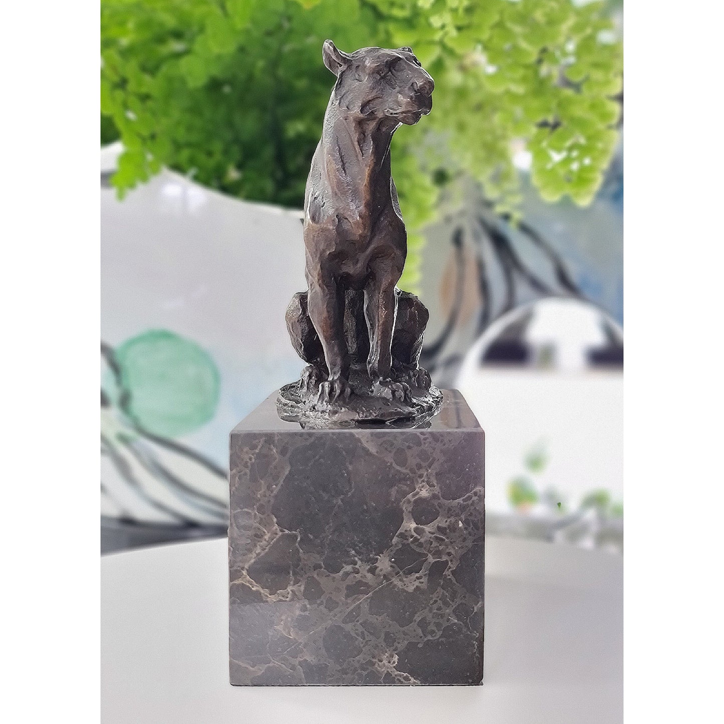   African Lion,Leopard, Cougar Bronze Sculpture On Marble Base 