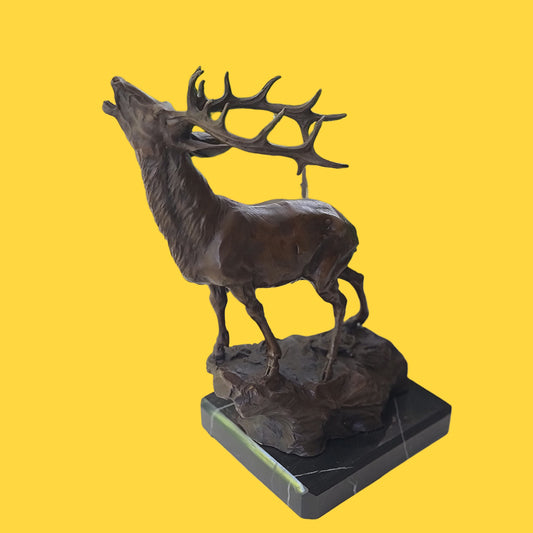 Art Elk Stag Buck Deer Hunter Bronze Marble Base Sculpture