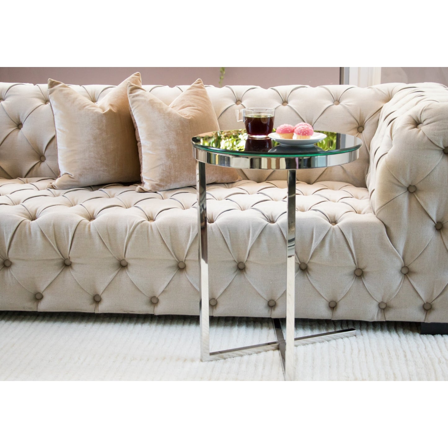 Zara Mirror Polished Stainless Steel Side Table with Black Tempered Glass