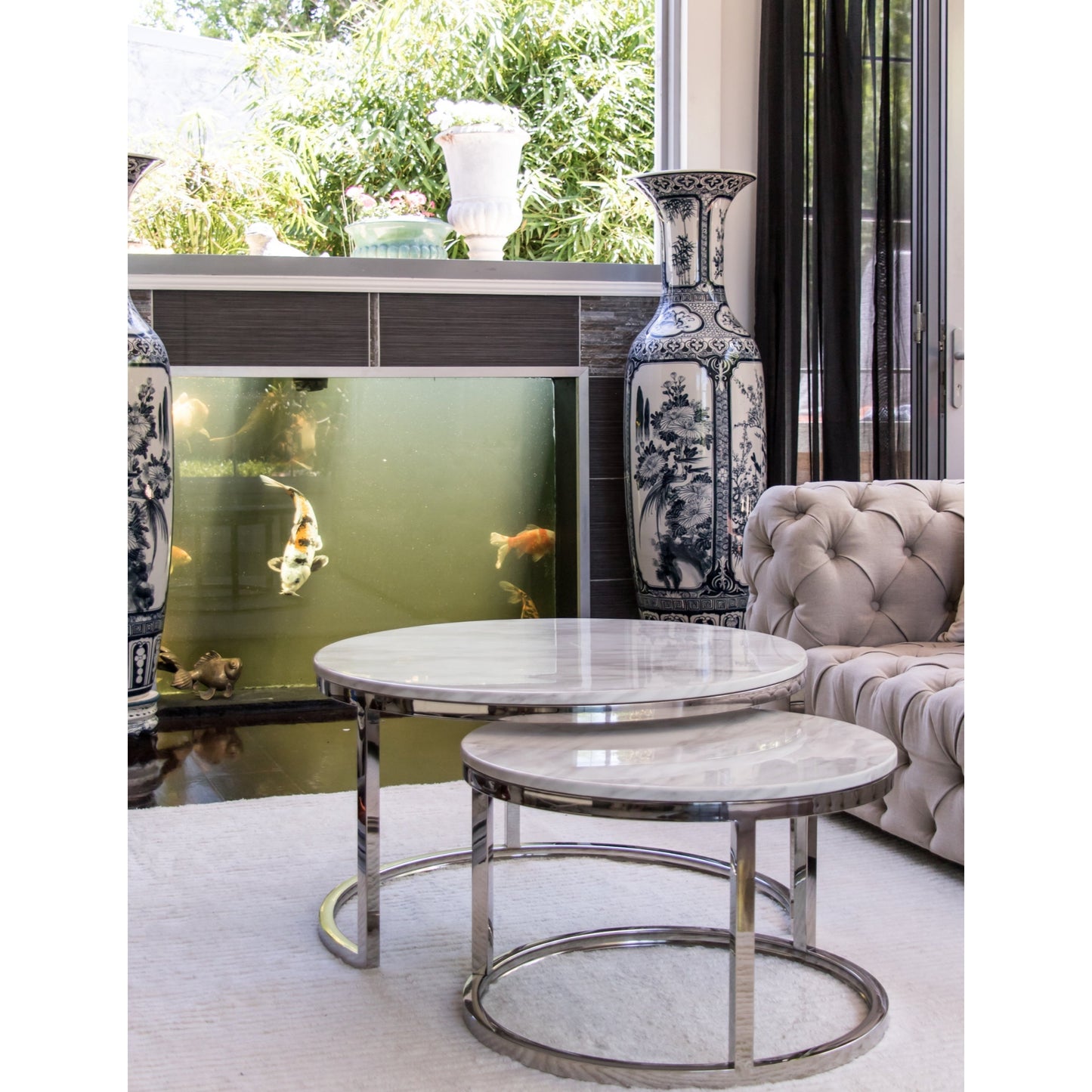 Edgar Mirror Polished Stainless Steel Table with White Marble Top