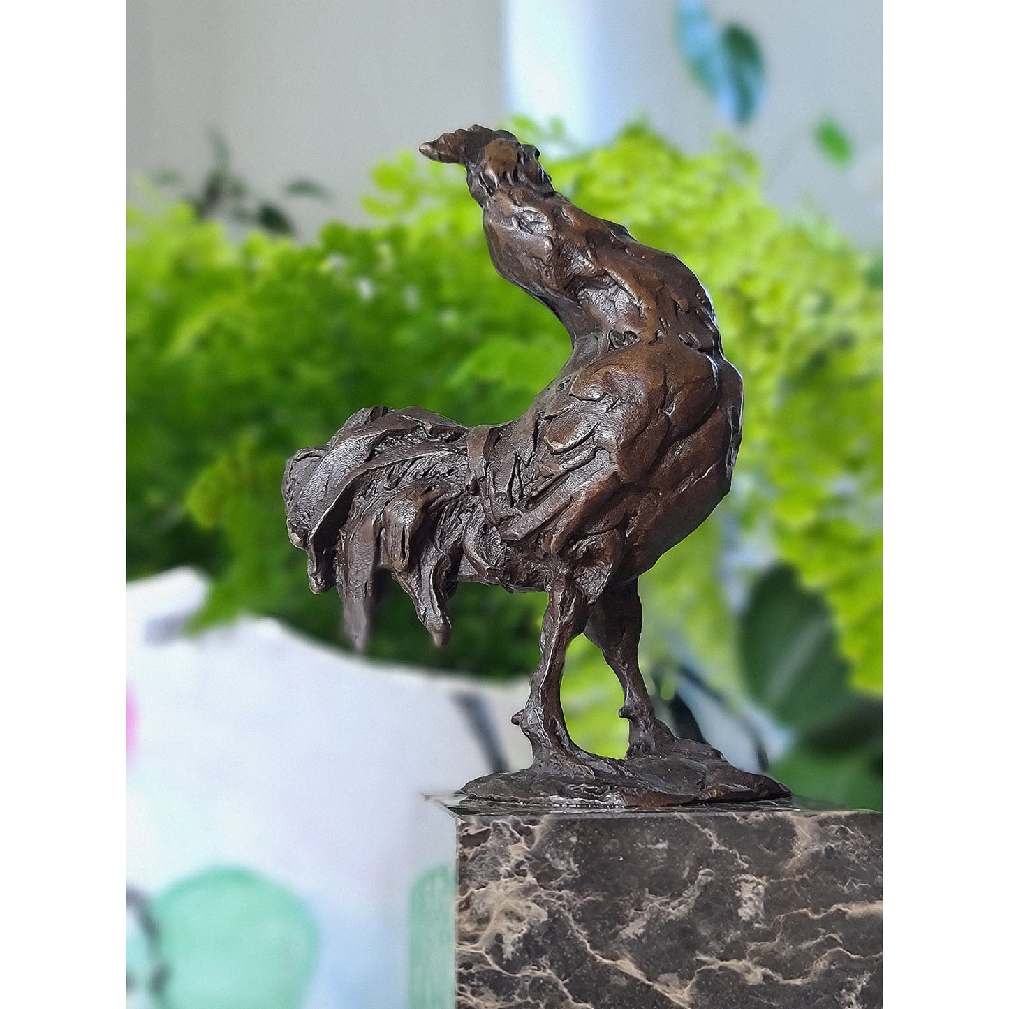 Rooster Bronze Sculpture on Marble Top
