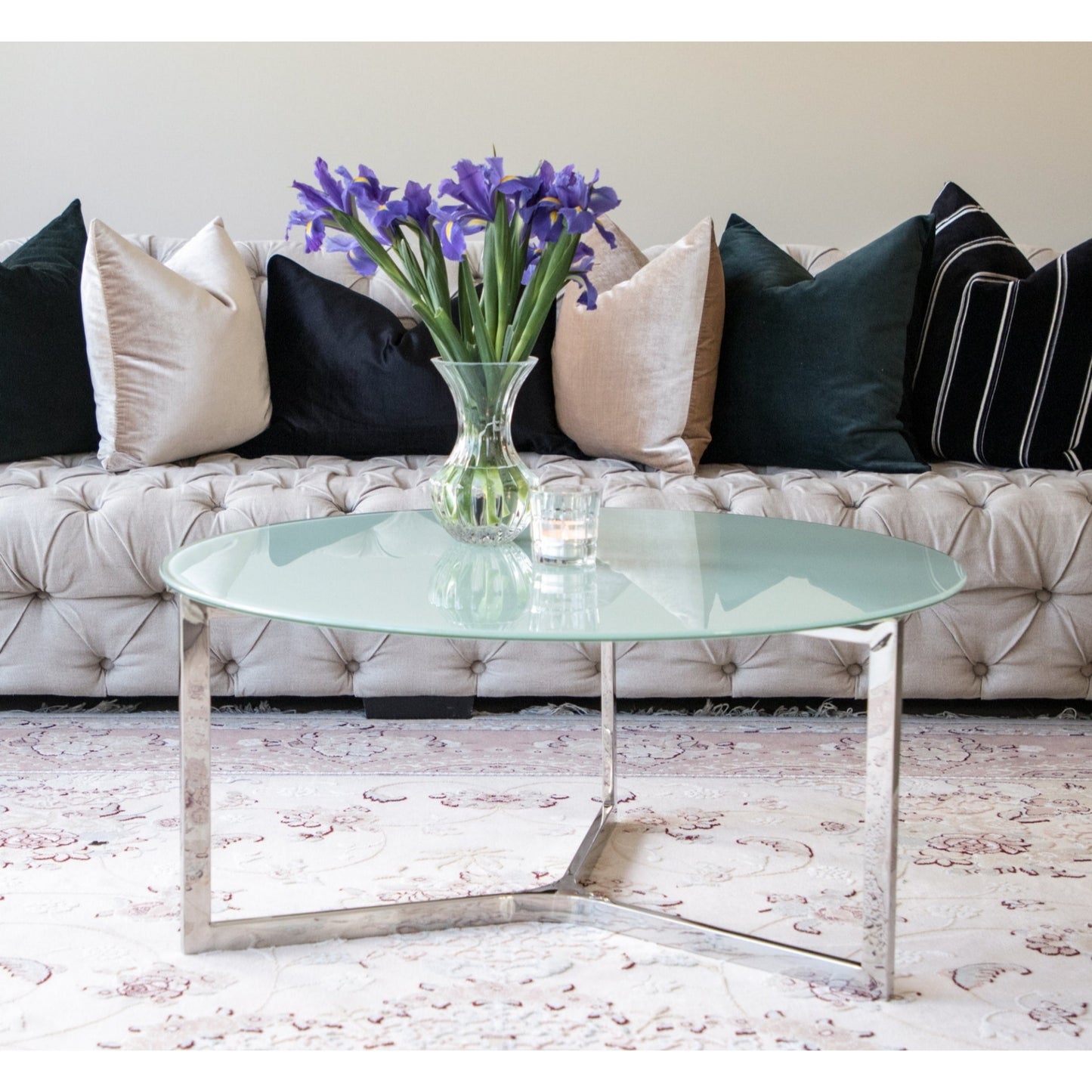 Olan Mirror Polished Stainless Steel Coffee Table with White Glass Top (pick up only)