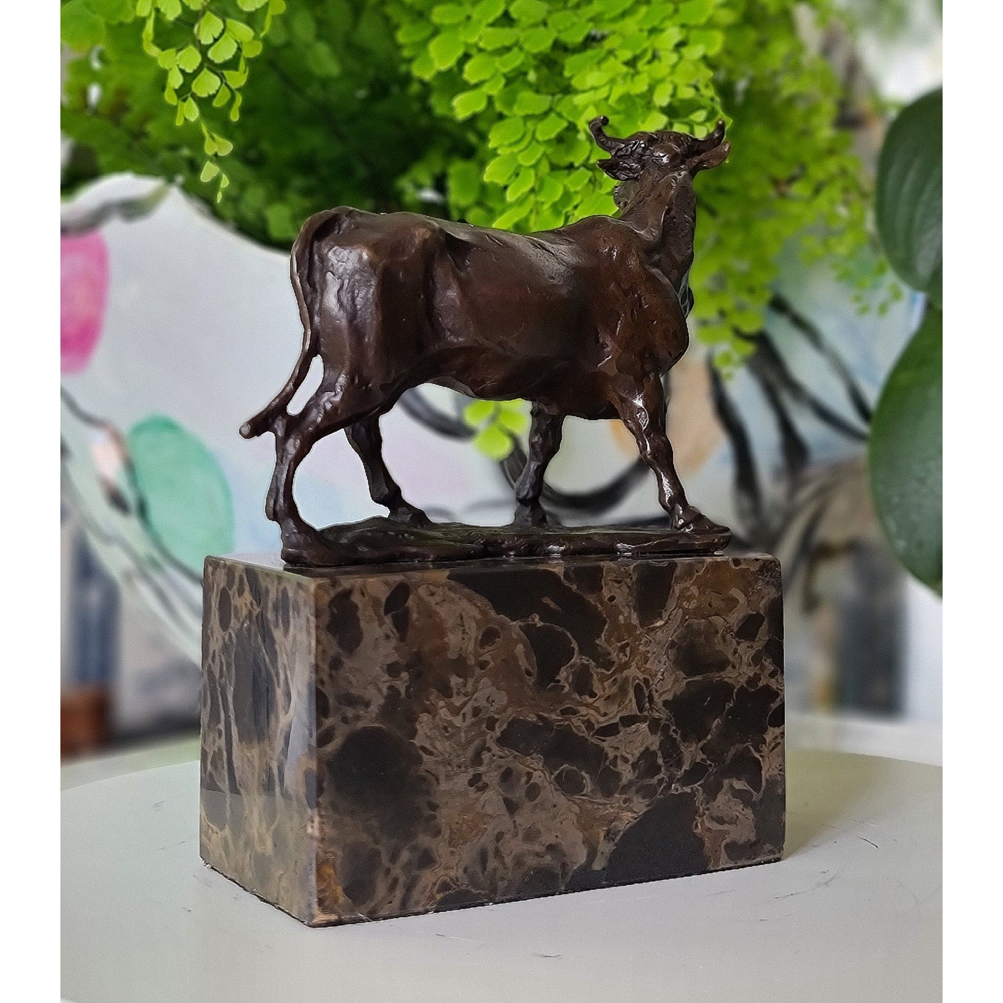 Cow Bronze Sculpture Handcrafted Deco Art On Marble