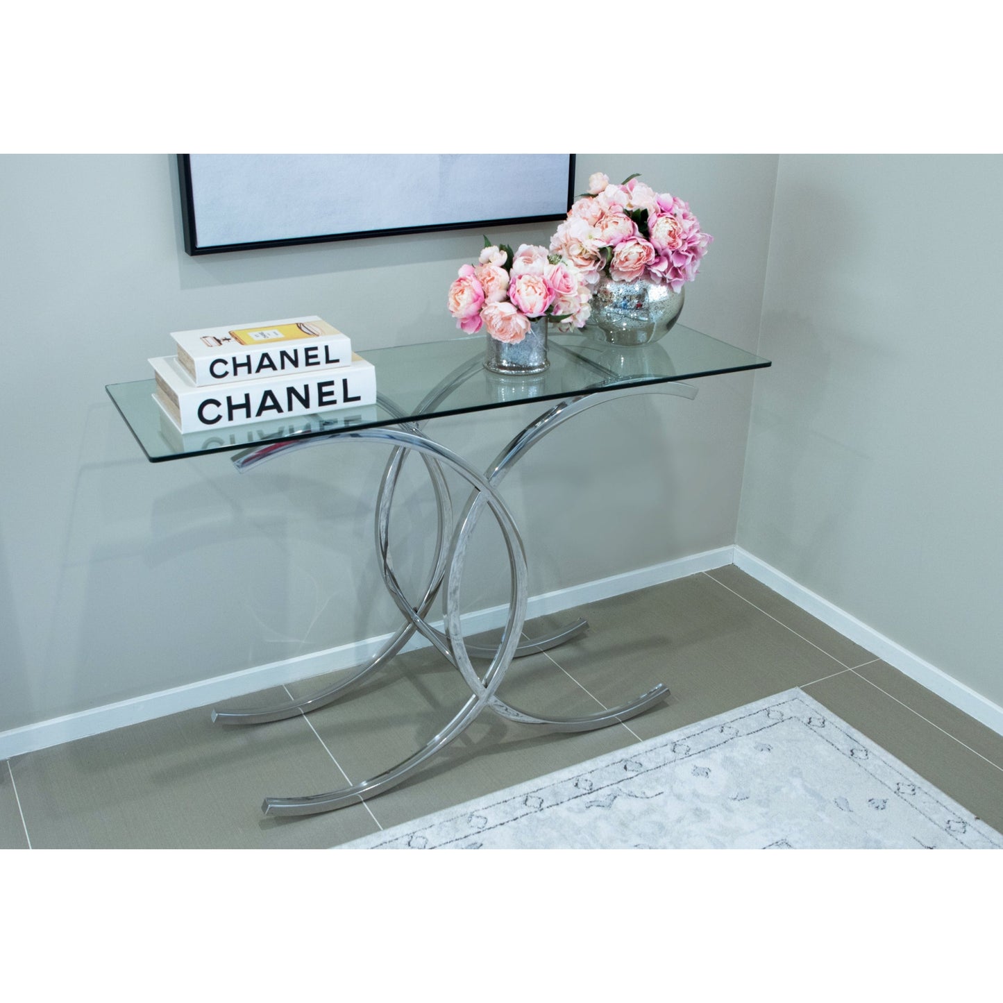 Corry Mirror Polished Stainless Steel Console with Clear Glass Top