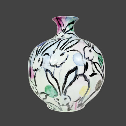 Large Hand Painted Vase Rabbits Grazing