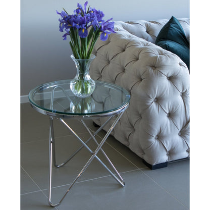 Rona Mirror Polished Stainless Steel Side Table with Clear Glass