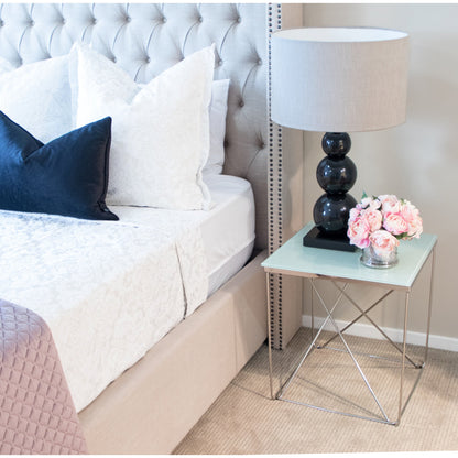 Avesta Mirror Polished Stainless Steel Side Table with White Glass Top