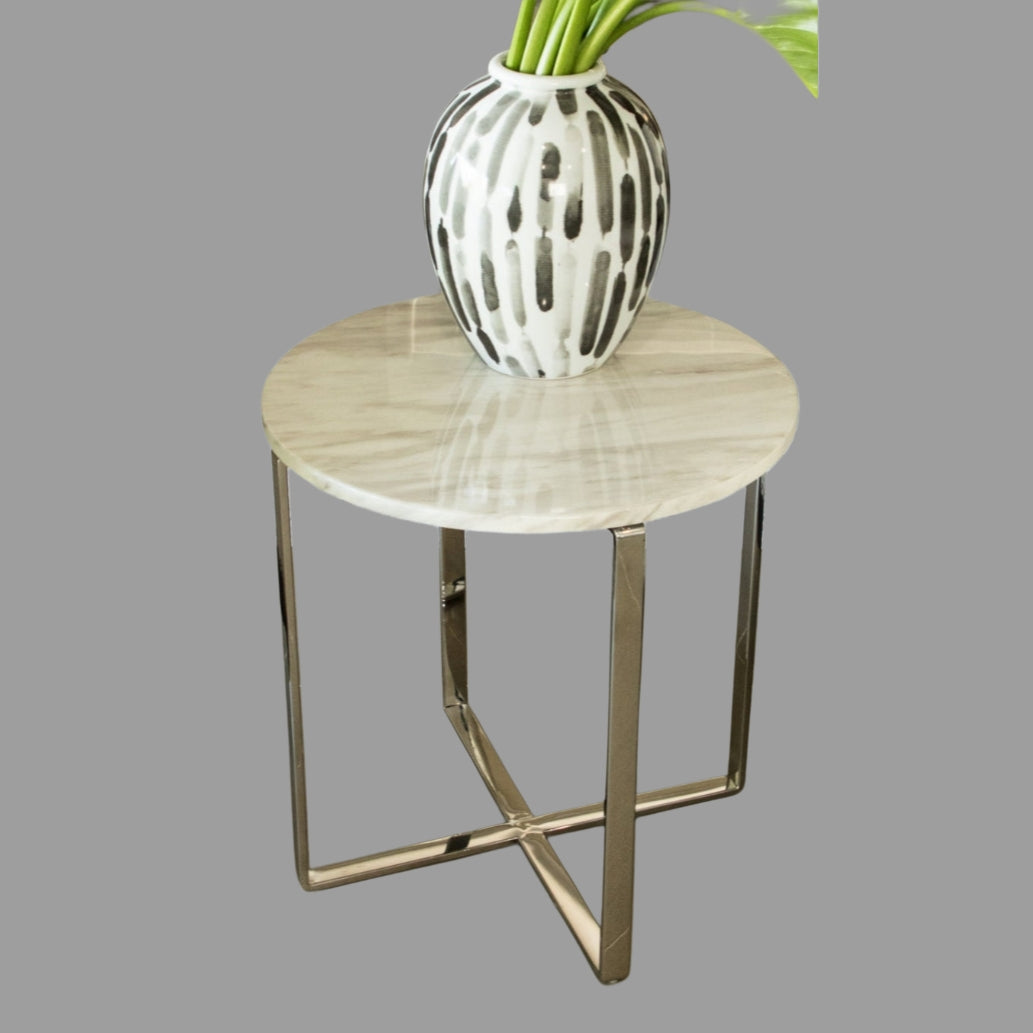 Sarya Mirror Polished Stainless Steel Side Table with White Marble Top